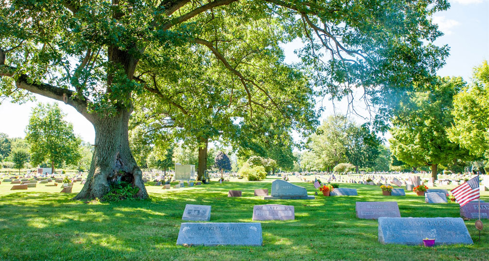 photo of Oak Tree shading gravesites at Riverside Cemetery in Painesville Ohio
