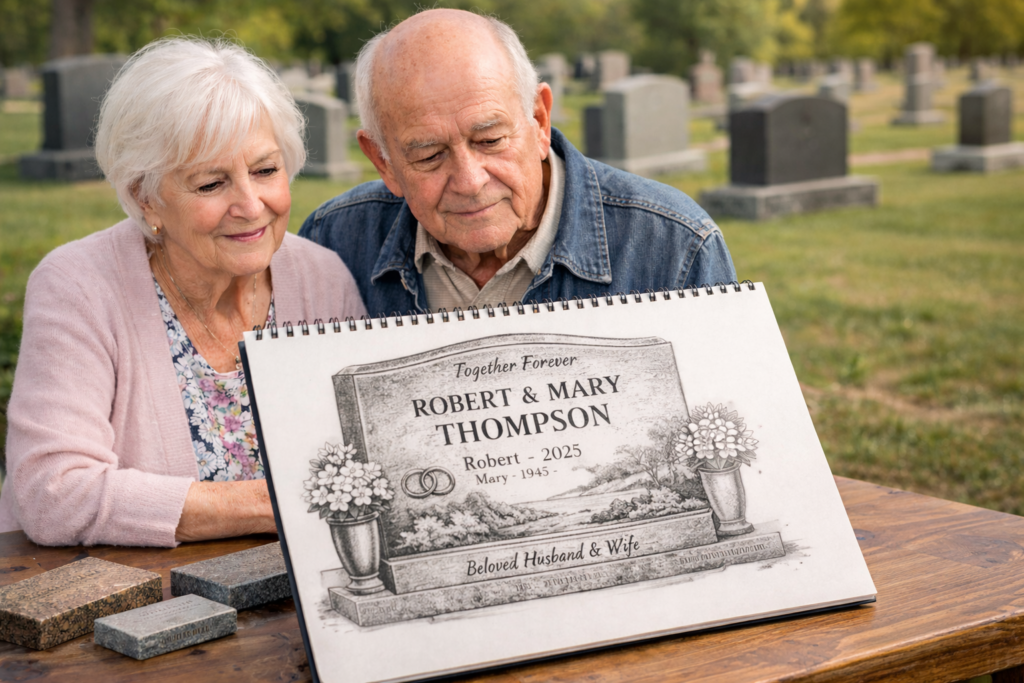 two older people looking at an Estate Planning sketch of their headstone